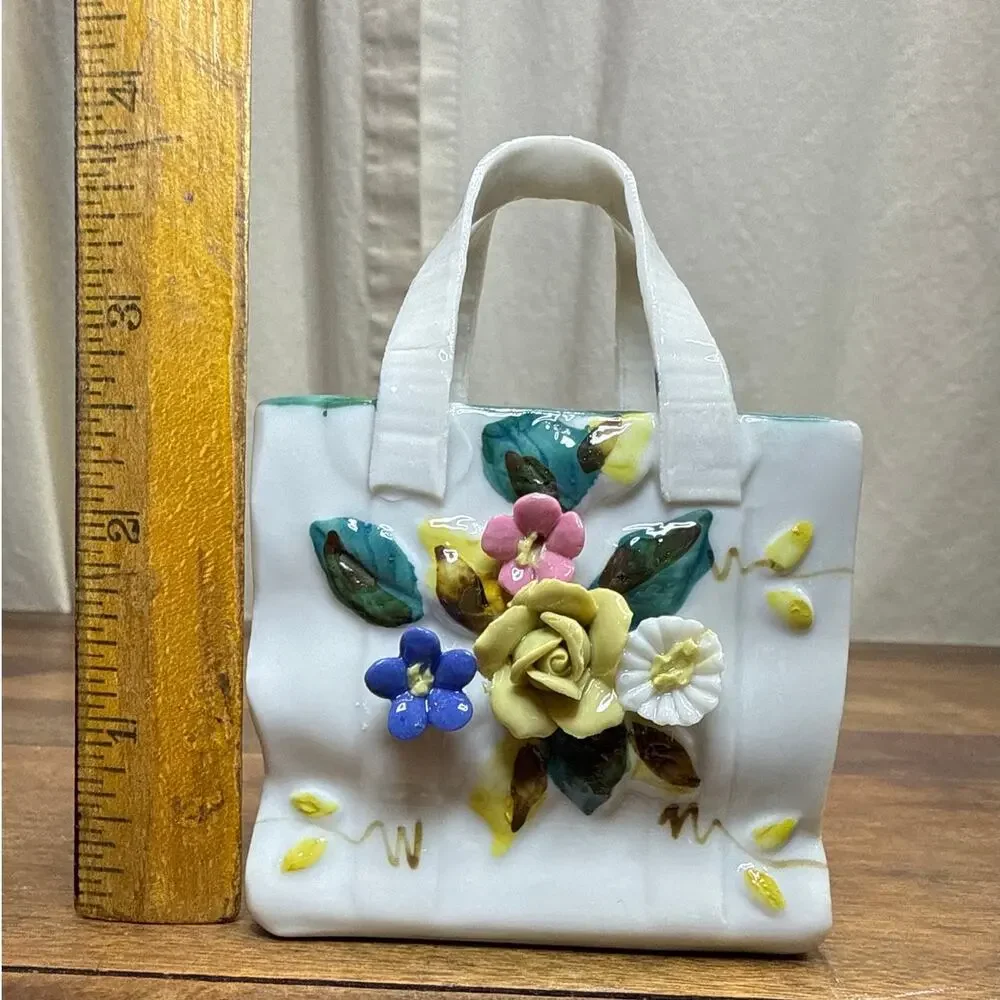 Handmade Porcelain Vintage Applied Flower Purse Bag Shaped Vase Catchall Décor